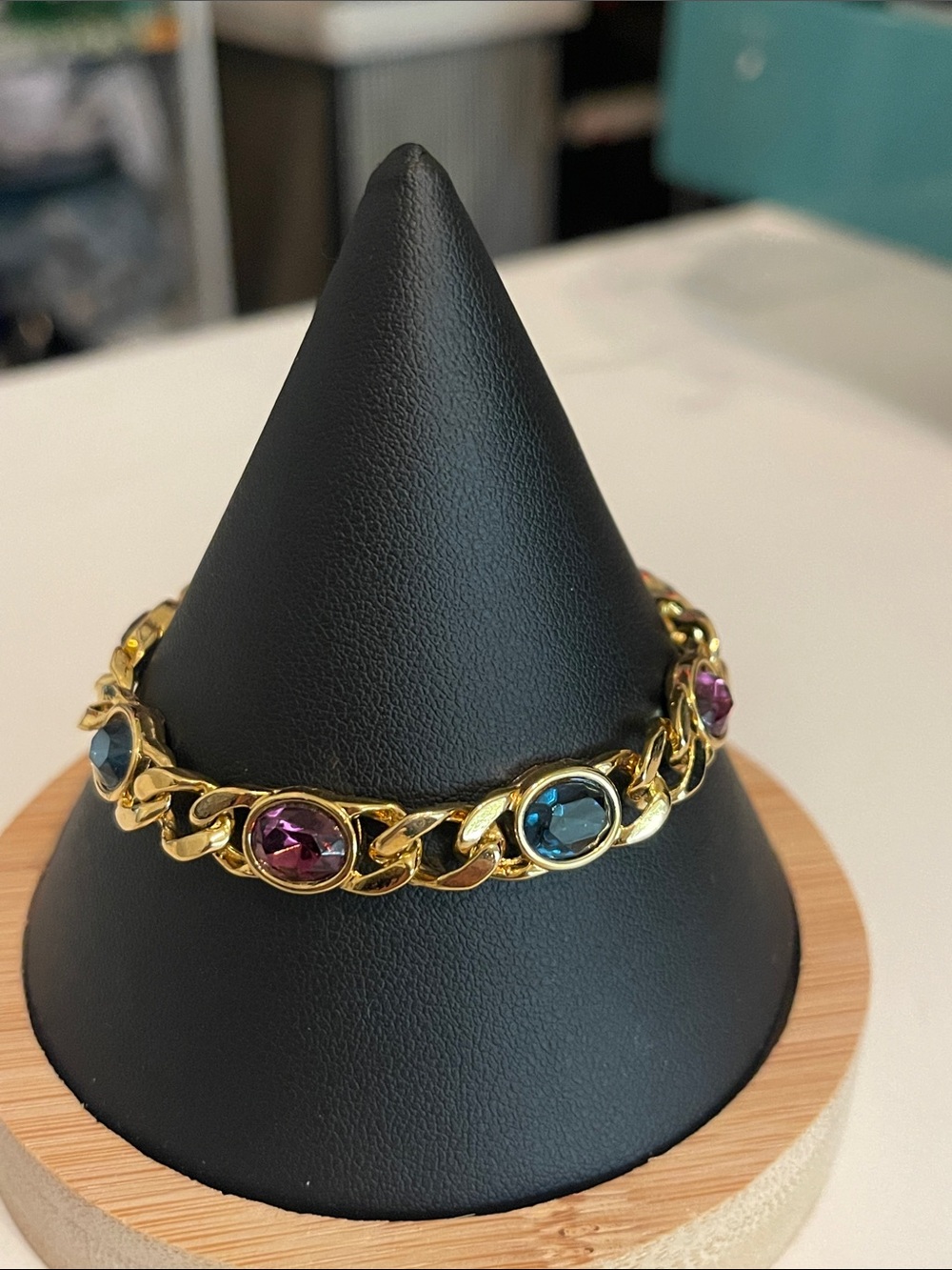 Gold-Tone Chain Bracelet with Blue and Purple Stones